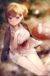  1girl amamine bangs blurry blurry_background breasts brown_hair choko_(cup) closed_mouth commentary_request cup depth_of_field flower foot_bath from_above hand_up japanese_clothes kimono long_sleeves looking_at_viewer looking_up medium_breasts obi original purple_eyes red_flower sash signature smile soaking_feet solo steam tokkuri tray water wide_sleeves 