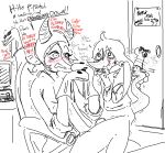  anthro blush chair clothed clothing computer dialogue dinosaur doorframe duo english_text female freckles furniture hair hat headgear headwear horn judee_(snootgame) long_hair monochrome puppet reptile scalie schizo_chan_(snoot_game) sitting sketch snoot_game_(fan_game) text tired_eyes unknown_artist 