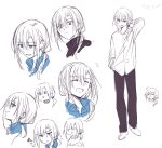  1girl :d ^^^ bangs black_pants black_shirt blue_eyes blue_shirt closed_eyes closed_mouth collared_shirt dress_shirt hair_between_eyes hair_over_shoulder haiselita_aldridge kazutake_hazano long_hair low_ponytail multiple_views pants ponytail shiro_seijo_to_kuro_bokushi shirt simple_background smile socks solo standing white_background white_socks 