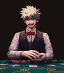  1boy bakugou_katsuki bangs black_background blonde_hair blurry boku_no_hero_academia bow bowtie card casino_card_table chromatic_aberration commentary dated_commentary depth_of_field dress_shirt earrings fingernails glowing glowing_eyes hair_between_eyes highres holding holding_card jewelry long_sleeves male_focus modo_(modo_s2) open_mouth playing_card poker_chip red_bow red_bowtie red_eyes sanpaku shirt short_hair simple_background single_earring solo spiked_hair straight-on table twitter_username upper_body waistcoat white_shirt 