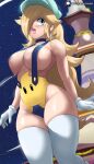  1girl absurdres blonde_hair blue_eyes blush breasts earrings echo_saber gloves hair_over_one_eye hat highres jewelry large_breasts lips long_hair luma_(mario) mario_(series) rosalina sky slingshot_swimsuit solo star_(sky) star_(symbol) star_earrings starry_sky swimsuit thighhighs very_long_hair white_gloves white_thighhighs 