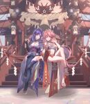  2girls absurdres akochan animal_ears bangs bare_legs braid braided_ponytail breasts bridal_gauntlets cherry_blossoms cleavage closed_mouth detached_sleeves falling_petals fox_ears full_body genshin_impact geta hair_between_eyes hair_ornament hand_up highres japanese_clothes kimono large_breasts long_hair looking_at_viewer looking_to_the_side mole mole_under_eye multiple_girls obi off_shoulder open_mouth outdoors petals pink_hair purple_eyes purple_hair purple_kimono purple_thighhighs raiden_shogun red_ribbon ribbon rope sandals sash shide shimenawa shirt shrine shrug_(clothing) sitting sitting_on_object sleeveless sleeveless_shirt thighhighs toes very_long_hair white_shirt wide_sleeves yae_miko 