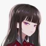  1girl artist_name bangs black_hair blunt_bangs buttons close-up closed_mouth collared_shirt commentary english_commentary highres long_hair looking_at_viewer original portrait purple_eyes red_shirt shirt sidelocks signature simple_background solo thehprm white_background 