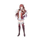  1girl armor bangs blush boots caeldori_(fire_emblem) closed_mouth dress elbow_gloves fire_emblem fire_emblem_fates fire_emblem_heroes flat_chest full_body garter_straps gloves hair_ornament hairband hand_on_hip hand_on_own_chest hand_up high_heels highres knee_boots long_hair looking_at_viewer official_art red_eyes red_hair short_dress shoulder_armor smile solo standing tan_(tangent) thigh_boots transparent_background zettai_ryouiki 