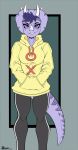  anthro ceratopsian clothed clothing dinosaur facial_horn female goodbye_volcano_high grin hair hoodie horn looking_at_viewer marcushunter ornithischian purple_body purple_eyes purple_hair reptile scalie smile snoot_game_(fan_game) solo topwear triceratops trish_(gvh) video_games 