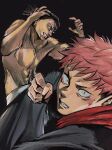  2boys absurdres black_background black_hair black_pants blood blood_on_face clenched_hand clenched_teeth highres itadori_yuuji jujutsu_kaisen katoretsu_(universe) multiple_boys orange_eyes pants red_hair simple_background teeth topless_male toudou_aoi_(jujutsu_kaisen) undercut 