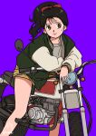  1girl arm_rest artist_name bangs black_eyes black_hair bow brown_eyes collarbone commentary green_jacket grey_shirt ground_vehicle hair_bow high_ponytail jacket kirintan leaning_against_vehicle letterman_jacket long_sleeves looking_afar medium_hair motor_vehicle motorcycle open_clothes open_jacket original purple_background red_bow retro_artstyle shirt short_shorts shorts signature simple_background sitting smile solo t-shirt vehicle_request white_jacket 