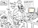  4chan anthro chair clock clothed clothing computer dialogue dinosaur doorframe duo english_text female freckles furniture hair hat headgear headwear horn judee_(snootgame) long_snout monochrome puppet reading reptile scalie schizo_chan_(snoot_game) sitting sketch snoot_game_(fan_game) snout text tired_eyes unknown_artist video_games 
