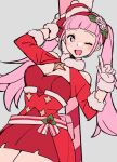  1girl bangs belt blunt_bangs blush bodice breasts candy candy_cane christmas cleavage clothing_cutout do_m_kaeru dress fire_emblem fire_emblem:_three_houses fire_emblem_heroes food fur-trimmed_gloves fur-trimmed_headwear fur-trimmed_sleeves fur_collar fur_trim gloves grey_background hairband hat hilda_valentine_goneril holding holding_candy holding_candy_cane holding_food index_finger_raised large_breasts long_hair long_sleeves looking_at_viewer mini_hat official_alternate_costume one_eye_closed open_mouth pink_belt pink_hair red_dress red_hairband red_headwear santa_costume shoulder_cutout simple_background smile solo twintails very_long_hair white_gloves 