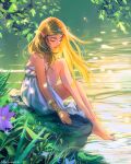  1girl bare_legs bare_shoulders blonde_hair breasts closed_eyes closed_mouth commentary dress english_commentary full_body highres long_hair lotus_bubble medium_breasts pointy_ears princess_zelda scenery sitting solo the_legend_of_zelda water white_dress 