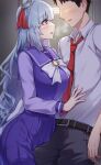  1boy 1girl belt blue_hair blush breasts commentary_request exren faceless faceless_male heavy_breathing highres horse_girl large_breasts long_hair looking_at_another mejiro_ardan_(umamusume) purple_eyes school_uniform sweat thighhighs tracen_school_uniform trainer_(umamusume) umamusume 