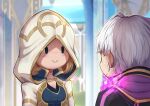  1boy 1girl black_robe brown_hair chibi evomanaphy fire fire_emblem fire_emblem_heroes from_behind grima_(fire_emblem) highres hood kiran_(fire_emblem)_(female) purple_fire robe robin_(fire_emblem) robin_(fire_emblem)_(male) smile white_hair white_robe 