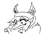  anthro blush clothing dinosaur female hair hat headgear headshot_portrait headwear horn long_snout monochrome portrait puppet reptile scalie schizo_chan_(snoot_game) simple_background sketch snoot_game_(fan_game) snout solo toony unknown_artist white_background wide_eyed 