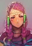  1girl aduti_momoyama braid cape closed_mouth earrings eyeliner facial_mark fire_emblem fire_emblem:_three_houses fire_emblem_warriors:_three_hopes frown gradient gradient_background highres hoop_earrings jewelry lips long_hair makeup petra_macneary pink_lips purple_cape purple_hair red_eyeliner red_eyes solo twin_braids upper_body 