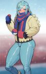  1boy ass blue_mittens blue_scarf blush bulge commentary_request eyelashes green_eyes green_hair green_pants grusha_(pokemon) hand_in_pocket highres holding holding_poke_ball jacket long_hair male_focus pants poke_ball poke_ball_(basic) pokemon pokemon_(game) pokemon_sv scarf solo striped striped_scarf sweatdrop yellow_jacket ziv_zivy 