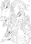  anthro black_and_white blacksaw bodily_fluids breasts butt capcom digitigrade fanged_wyvern featureless_breasts female hi_res lunagaron monochrome monster_hunter nude profile_view rear_view smoking solo sweat video_games 