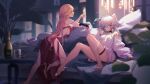  2girls :3 absurdres bare_legs bare_shoulders barefoot black_choker blonde_hair blue_eyes blush braid breasts champagne_flute choker commentary_request controller cup dress drinking_glass earrings feet game_controller girls&#039;_frontline grey_hair hair_between_eyes hair_ribbon helrin high_heels highres holding holding_controller holding_cup holding_game_controller jewelry large_breasts legs long_hair looking_at_viewer multiple_girls off_shoulder official_alternate_costume ots-14_(girls&#039;_frontline) ots-14_(ruler_of_the_banquet)_(girls&#039;_frontline) pa-15_(girls&#039;_frontline) pa-15_(marvelous_yam_pastry)_(girls&#039;_frontline) red_dress ribbon shirt sideboob sitting thigh_strap toes white_shirt yellow_eyes 