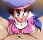  1boy 1girl :d black_hair blue_eyes blush breasts dragon_ball dragon_ball_z gat_(korean_traditional_hat) grabbing_own_breast hetero jewelry looking_at_viewer necklace open_mouth paizuri paizuri_under_clothes penis pov rom_(20) short_hair smile solo_focus videl 