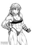  1girl abs bare_legs biceps breasts cleavage_cutout clothing_cutout deltoids ebr-kii hand_on_hip large_breasts legs long_hair looking_away metal_gloves muscular muscular_female original singlet smile thick_thighs thighs thong 