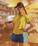  1girl 2022_fifa_world_cup absurdres alternate_costume apex_legends baseball_cap bike_shorts black_headwear blue_shorts blurry blurry_background bracelet braid breasts brown_eyes can country_connection dark-skinned_female dark_skin english_commentary gradient_hair hair_behind_ear hand_on_hip hat highres holding holding_can jewelry loba_(apex_legends) long_hair looking_to_the_side medium_breasts multicolored_hair photo_background red_nails shorts skindentation smile solo thick_thighs thighs twin_braids twitter_username vinegar_and_soda western_comics_(style) world_cup 
