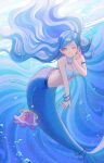  1girl absurdres armlet bead_bracelet beads bikini blue_bikini blue_eyes blue_hair bracelet breasts day earrings full_body hair_ornament highres houshou_hanon jellyfish jewelry liliantsai0417 looking_at_viewer medium_breasts mermaid mermaid_melody_pichi_pichi_pitch monster_girl necklace one_eye_closed outdoors shell shell_bikini star_(symbol) star_earrings star_hair_ornament swimsuit underwater 