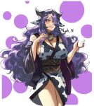  1girl alternate_costume animal_ears animal_print bare_shoulders bell breasts camilla_(fire_emblem) cleavage coat cow_ears cow_print cowboy_shot cup fire_emblem fire_emblem_fates hair_ornament hair_over_one_eye highres holding holding_cup horns japanese_clothes kimono large_breasts lips long_hair milk n_ah_n neck_bell open_mouth purple_eyes purple_hair sash short_kimono sideboob simple_background smile solo thighs tiara wavy_hair 