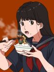  1girl bangs black_eyes black_hair blue_sailor_collar blue_serafuku bowl brown_background brown_eyes chopsticks commentary eating food hair_behind_ear highres holding holding_bowl holding_chopsticks holding_food kirintan long_hair looking_to_the_side lower_teeth meal neckerchief open_mouth original red_neckerchief retro_artstyle rice rice_bowl sailor_collar school_uniform serafuku short_sleeves solo steam teeth 