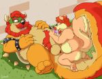  2022 anthro balls beard belly big_belly bowser bravo brown_body duo erection facial_hair genitals hi_res male male/male mammal mario_bros mature_male mephitid mustache nintendo overweight overweight_male penis skunk video_games 