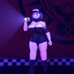  1:1 2022 3d_(artwork) areola big_breasts bigdogenzo black_areola black_body blender_(software) blender_eevee boots breasts clothed clothing digital_media_(artwork) dress_shirt female five_nights_at_freddy&#039;s five_nights_at_freddy&#039;s:_security_breach footwear genitals glowing glowing_eyes hair hat headgear headwear hi_res humanoid ineffective_clothing machine nipples purple_hair pussy robot robot_humanoid s.t.a.f.f._bot_(fnaf) scottgames security_guard shirt skimpy_topwear solo standing topwear video_games 