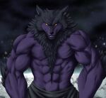  2021 abs absurd_res anthro biceps black_body black_bottomwear black_clothing black_fur bottomwear canid canid_demon canine canis chibikoma clothed clothing demon digital_drawing_(artwork) digital_media_(artwork) fur grin hellhound hi_res looking_at_viewer male mammal muscular muscular_anthro muscular_male purple_body purple_fur red_eyes rex_brock smile solo to_the_abandoned_sacred_beasts topless topless_anthro topless_male were werecanid werecanine werewolf wolf yellow_sclera 