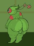  1_eye 2_fingers alien antennae_(anatomy) anthro balls big_butt butt feelers fingers genitals green_background green_balls green_body green_eyes head_turned heit hi_res huge_butt male markings multicolored_body multicolored_skin nauiho perineum rear_view red_sclera simple_background solo thick_thighs unusual_eyes 