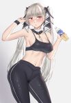  1girl absurdres alternate_costume arm_up azur_lane bangs between_breasts black_leggings black_nails black_sports_bra blush bottle bow breasts cleavage closed_mouth commentary earrings feet_out_of_frame formidable_(azur_lane) grey_background grey_hair hair_bow hair_ribbon highres holding holding_bottle jewelry juice leggings lips long_hair looking_at_viewer medium_breasts nail_polish navel orange_eyes pants ribbon seyrensophia simple_background solo sports_bra sportswear standing stomach sweatdrop twintails very_long_hair yoga_pants 