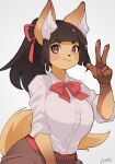  accessory anthro arumo belt black_hair bow_tie canid canine clothed clothing collared_shirt female fox fur gesture hair hair_accessory hair_ribbon hi_res inner_ear_fluff kemono komena_akamori looking_at_viewer mammal pawpads ponytail red_bowtie red_ribbon ribbons rolled_up_sleeves shirt signature simple_background smile solo topwear tuft v_sign white_background white_clothing white_shirt white_topwear yellow_body yellow_fur 