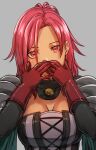  1girl aduti_momoyama armor breasts cleavage covering_mouth dark-skinned_female dark_skin fire_emblem fire_emblem:_three_houses fire_emblem_warriors:_three_hopes gloves grey_background hair_intakes hands_up hapi_(fire_emblem) head_tilt highres large_breasts long_hair looking_at_viewer pauldrons pink_hair red_eyes red_gloves shoulder_armor simple_background solo upper_body 