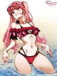  1girl bangs bikini blush breasts eyewear_on_head fire_emblem fire_emblem:_three_houses hilda_valentine_goneril large_breasts long_hair looking_at_viewer mina_cream navel official_alternate_costume open_mouth outdoors partially_submerged pink_eyes pink_hair smile solo sunglasses swimsuit thighs twintails water wet 
