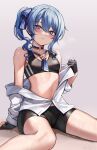  1girl artist_name bare_shoulders bike_shorts blue_eyes blue_hair blush choker collared_shirt flat_chest gloves hair_between_eyes hair_ribbon highres hololive hoshimachi_suisei looking_at_viewer medium_hair midriff navel necktie partially_fingerless_gloves partially_undressed ribbon shirt side_ponytail simple_background sitting solo sports_bra star_(symbol) star_in_eye sweat symbol_in_eye undressing virtual_youtuber wszkii 