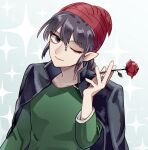  1boy black_hair green_shirt hair_between_eyes holding holding_rope long_sleeves mahoujin_guruguru male_focus one_eye_closed orino_(holocaust0224) pointy_ears raid_(mahoujin_guruguru) red_headwear rope shirt simple_background upper_body 