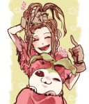  ! !! brown_gloves brown_hair closed_eyes digimon digimon_(creature) digimon_adventure female_child gloves happy komarou_(4km_ro) one_eye_closed open_mouth tachikawa_mimi tanemon teeth 