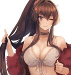  1girl bangs bare_shoulders bra breasts brown_hair choker cleavage collarbone foreshortening front-tie_bra fur_jacket hair_between_eyes hair_intakes high_ponytail holding holding_hair jacket kantai_collection kasumi_(skchkko) large_breasts long_hair looking_at_viewer one_eye_closed open_clothes red_jacket sidelocks simple_background solo underwear upper_body white_background white_bra yamato_(kancolle) 