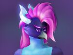  absurd_res anthro avian beak bird blue_body corvid corvus_(genus) crow eyebrows glowing glowing_horn hair hi_res horn kodonate looking_down male nateraven oscine passerine pink_eyebrows pink_eyes pink_hair purple_background purple_body simple_background solo 