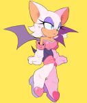  2022 absurd_res angry anthro big_breasts boots breasts chiropteran cleavage clothed clothing cross-popping_vein eyeshadow female fist footwear fur gloves green_eyes handwear hi_res high_heeled_boots high_heels makeup mammal pouting purple_eyeshadow rouge_the_bat sega simple_background solo sonic_the_hedgehog_(series) spinstellar white_body white_fur yellow_background 