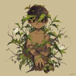  1boy black_eyes branch brown_background brown_hair bug butterfly caterpillar closed_mouth dark-skinned_male dark_skin expressionless leaf looking_at_viewer male_child male_focus nature noeyebrow_(mauve) original signature simple_background solo topless_male upper_body 