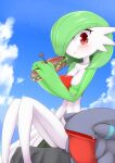  ._. 1girl bangs black_eyes blue_sky blush bob_cut bread breasts cheese cloud collarbone colored_skin commentary_request day fang food g_(genesis1556) gardevoir gible green_hair green_skin hair_over_one_eye hands_up highres holding holding_food knees_together_feet_apart knees_up legs lettuce looking_at_viewer multicolored_skin objectification one_eye_covered open_mouth outdoors own_hands_together partial_commentary pokemon pokemon_(creature) red_eyes rock shiny shiny_hair short_hair sitting sky small_breasts solo_focus submarine_sandwich thighs tomato tomato_slice two-tone_skin white_skin 