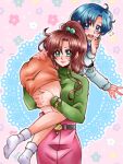  2girls bangs belt bishoujo_senshi_sailor_moon blue_eyes blue_hair blue_shirt blue_vest brown_hair carrying earrings flower_earrings green_eyes green_sweater hair_bobbles hair_ornament highres jewelry kino_makoto lips medium_hair mizuno_ami multiple_girls orange_skirt piggyback pink_skirt ponytail shirt short_hair sidelocks skirt smile socks stud_earrings supernova24_24 sweater vest watch 