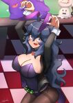  1girl @_@ absurdres ahoge alternate_breast_size animal_ears artist_name bangs belt black_hair black_pantyhose blush bow bowtie breasts bunny_pose cleavage commentary_request detached_collar dusk_ball fake_animal_ears flying_sweatdrops gengar hair_between_eyes hairband hex_maniac_(pokemon) highres john_(a2556349) large_breasts leotard long_hair looking_at_viewer messy_hair mimikyu open_mouth pantyhose playboy_bunny poke_ball pokemon pokemon_(creature) pokemon_(game) pokemon_xy purple_hairband purple_leotard thighband_pantyhose very_long_hair 