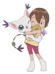  blue_eyes brown_hair digimon digimon_(creature) digimon_adventure hamoo8686 happy highres holding hug looking_at_viewer one_eye_closed short_hair simple_background socks tongue tongue_out white_background white_socks yagami_hikari 