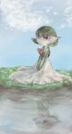  1girl absurdres bangs blue_sky bob_cut closed_mouth cloud colored_skin commentary_request day don_(pixiv_26452165) flat_chest full_body gardevoir grass green_hair green_skin hair_over_one_eye happy highres looking_up multicolored_skin on_ground one_eye_covered outdoors own_hands_together partial_commentary pokemon pokemon_(creature) red_eyes reflection reflective_water short_hair sitting sky smile solo two-tone_skin v_arms white_skin 