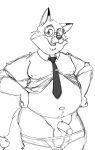  2022 anthro balls belly big_belly bravo canid canine clothed clothing eyewear facial_hair fox genitals glasses hi_res humanoid_genitalia humanoid_hands humanoid_penis male mammal mature_male mustache navel necktie overweight overweight_male partially_clothed penis raised_clothing raised_shirt raised_topwear shirt solo topwear underwear underwear_down 