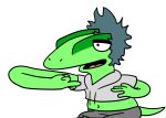 alpha_channel anthro blue_hair clothed clothing dinosaur goodbye_volcano_high green_body hair hi_res long_snout male midriff milhouse_(gvh) nrool reptile scalie simple_background snoot_game_(fan_game) snout solo the_simpsons toony transparent_background video_games 
