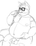  2022 anthro belly big_belly bravo canid canine eyewear fox genitals glasses hi_res humanoid_genitalia humanoid_hands humanoid_penis male mammal moobs navel nipples overweight overweight_male penis sitting sketch solo 